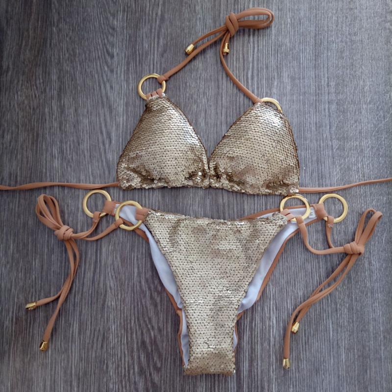 VIKINII Sexy Sequins Swimsuit Bandage Gold Bikinis 2020 Metal Ring Halter Swimwear Women Bathers Bathing Suits-image-543923631