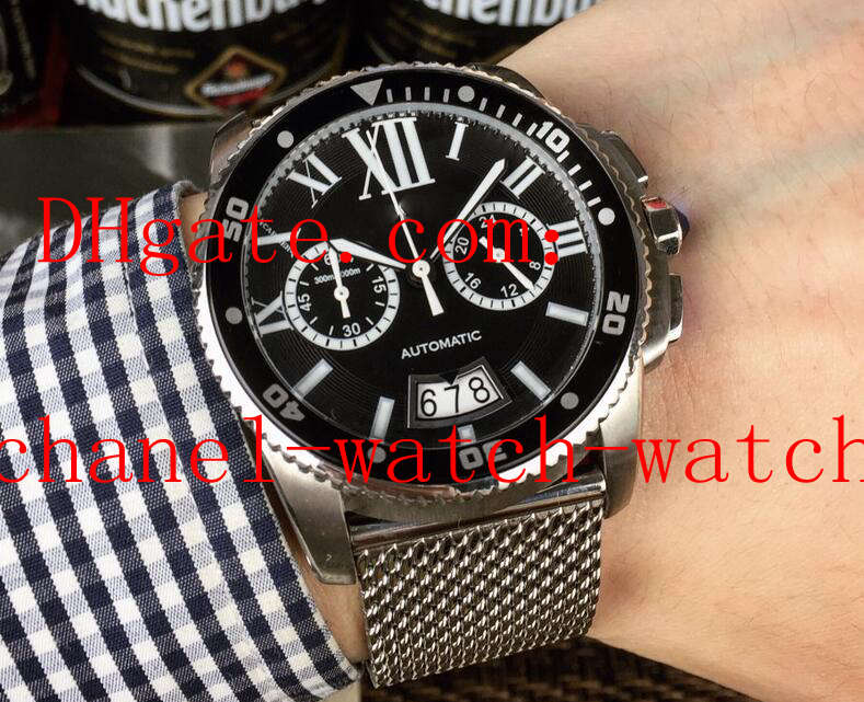 

New Style 41MM Black Dial Steel Bracelet Calibre de Chronograph Quartz Movement Mens Watch W7100045 Men's Wristwatches