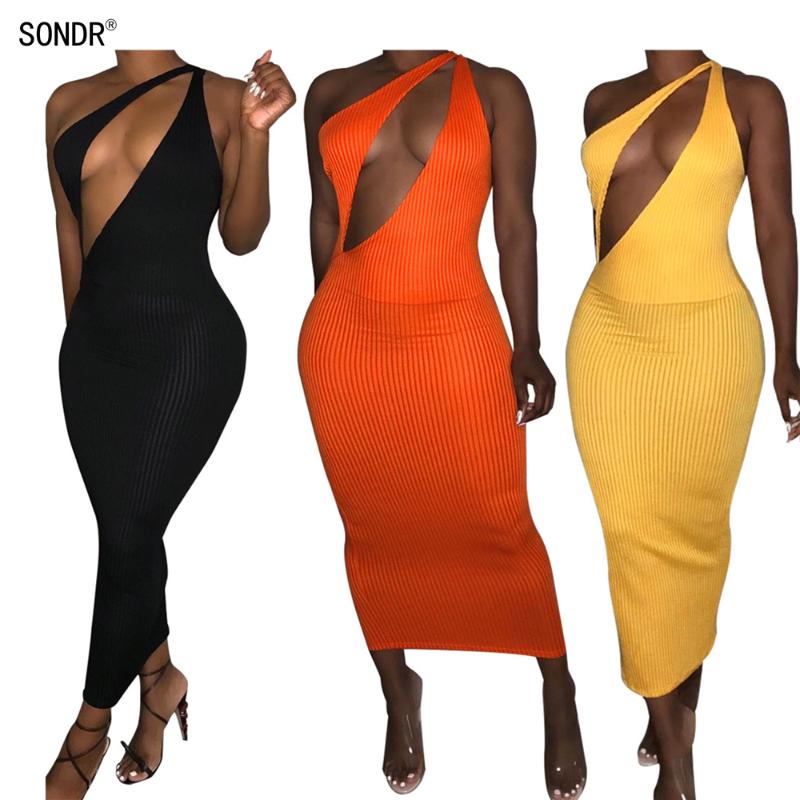 

SONDR Sexy Elegant One Shoulder Bodycon Midi Dress Women Clothes Sleeveless Elegant Night Club Bandage Party Dresses Female, Black