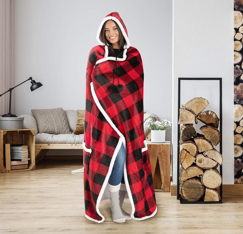 

52"x72" Lazy Blanket Mens Womens Designer Plaid Hooded Blankets Cape Warm Fleece Robe Cloak With Pompom 5styles Thick Swaddlings G