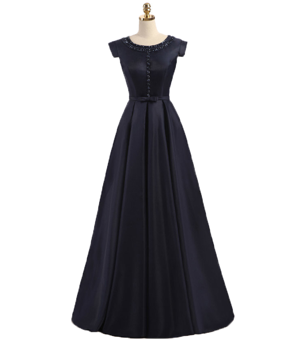 Modern Satin Formal Evening Gowns 2021 Round Neck Navy Blue Beaded Prom Dress Floor Length Sexy Party Dress Special Occasion Dresses-image-437248172