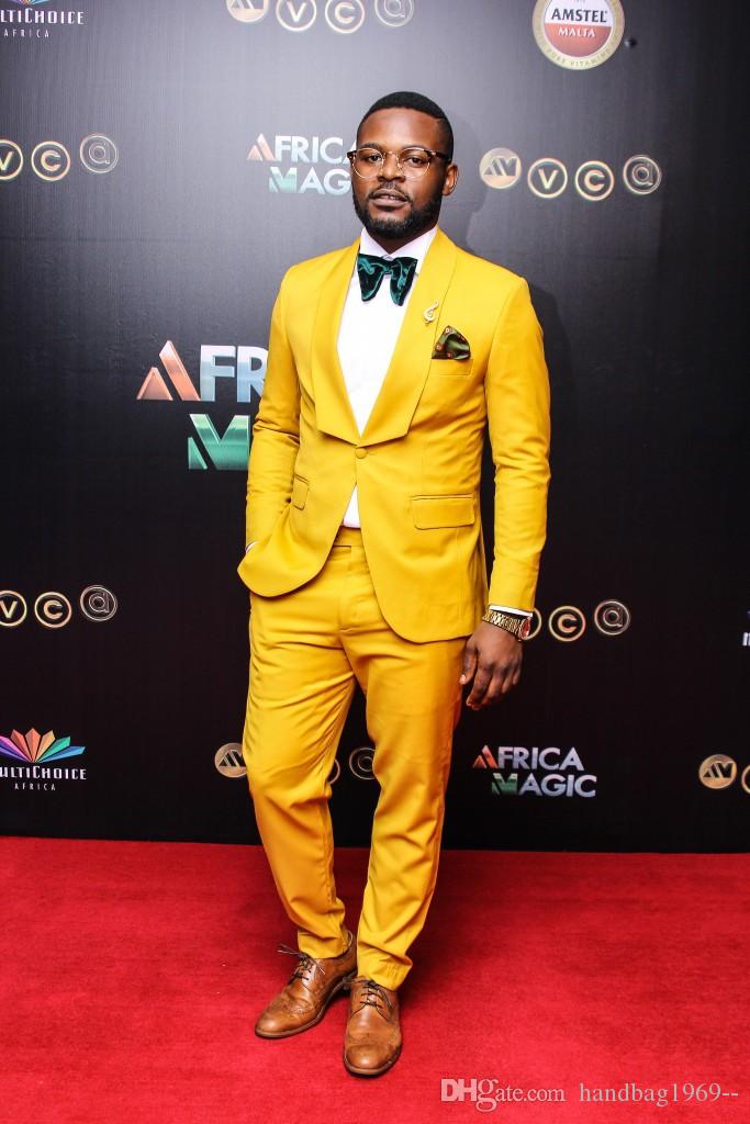 New Arrivals yellow Groom Tuxedos Shawl Collar Man Prom Business Suits Party Blazer Mens Wedding Suits (Jacket+Pants+Tie) D:91