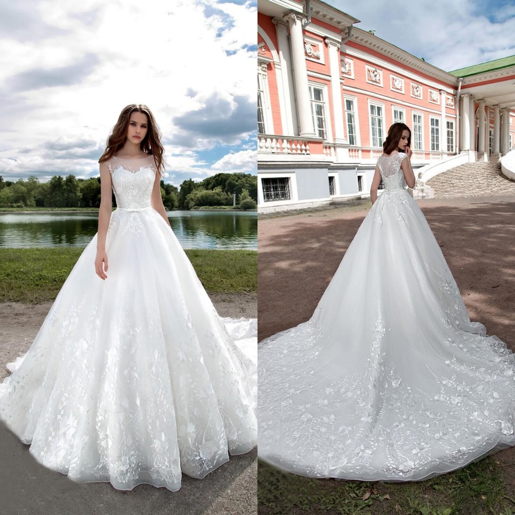 

2020 Lace Wedding Dresses Jewel Capped Sleeves Appliques Bridal Gowns Button Back Sweep Train A Line Wedding Dress Robe De Mariee, Gold