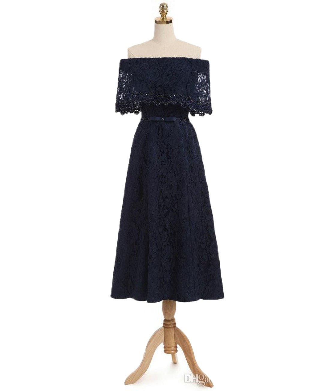 Bon marché bleu marine véritable 2021 bal robes de bal à l'épaule une ligne dentelle perlée de thé-longueur robe de soirée robes de fête formelle