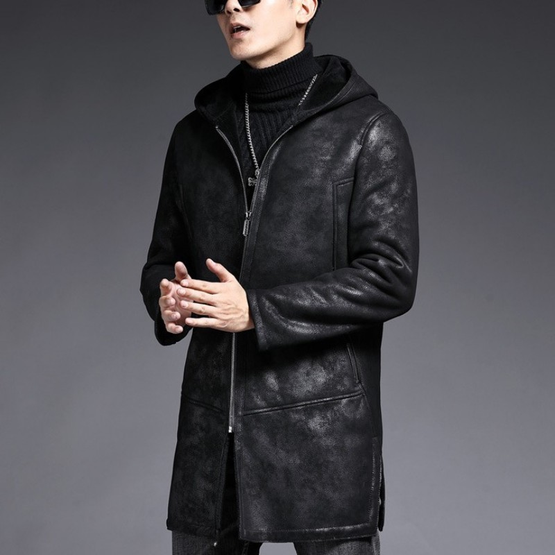 

Genuine Leather Overcoat Men Fashion Wool Fur Hooded Outerwear Winter Zipper Black Moto Sheepskin Coat Plus Size, As picture