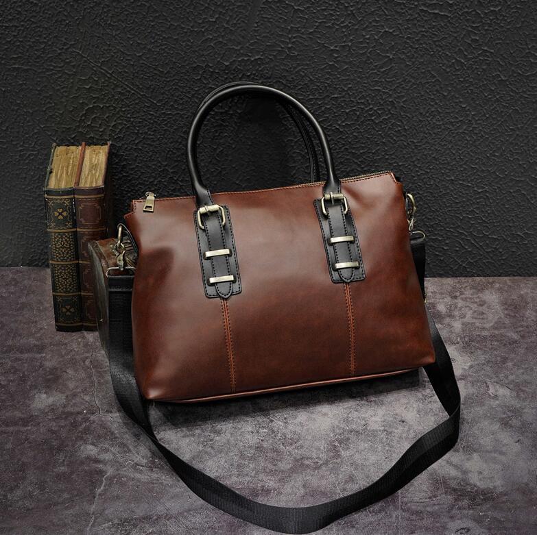 

Factory wholesale men handbag belt decoration mens shoulder bag retro contrast leather business briefcase multifunctional crazy horse lea, Coffee