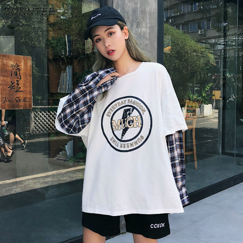 

Hoodies Women Patchwork O-Neck Leisure Daily Loose Printed Simple All-match Korean Style Harajuku Sweatshirts Womens Pullovers, White