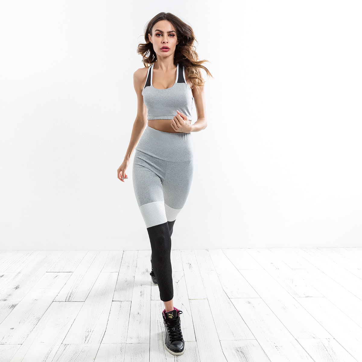 

Wholesale-Women Sports Suit Ruched Legging Cropped Top Tracksuit 2 PCS Running Set 2018 Yoga Mesh Splice Patchwork Sportswear, Grey