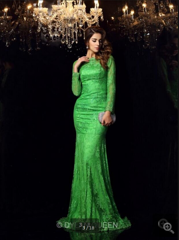 

2019 robe de soiree new arrival green lace mermaid prom dress long sleeve modest women muslim formal prom gowns saudi Arabia, Dark green
