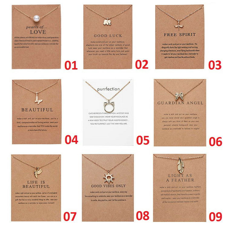 

Wish Dogeared Jewelry Necklaces With card Gold Elephant Heart Key Clover Triangle Charm Pendant Necklace, Mixed styles
