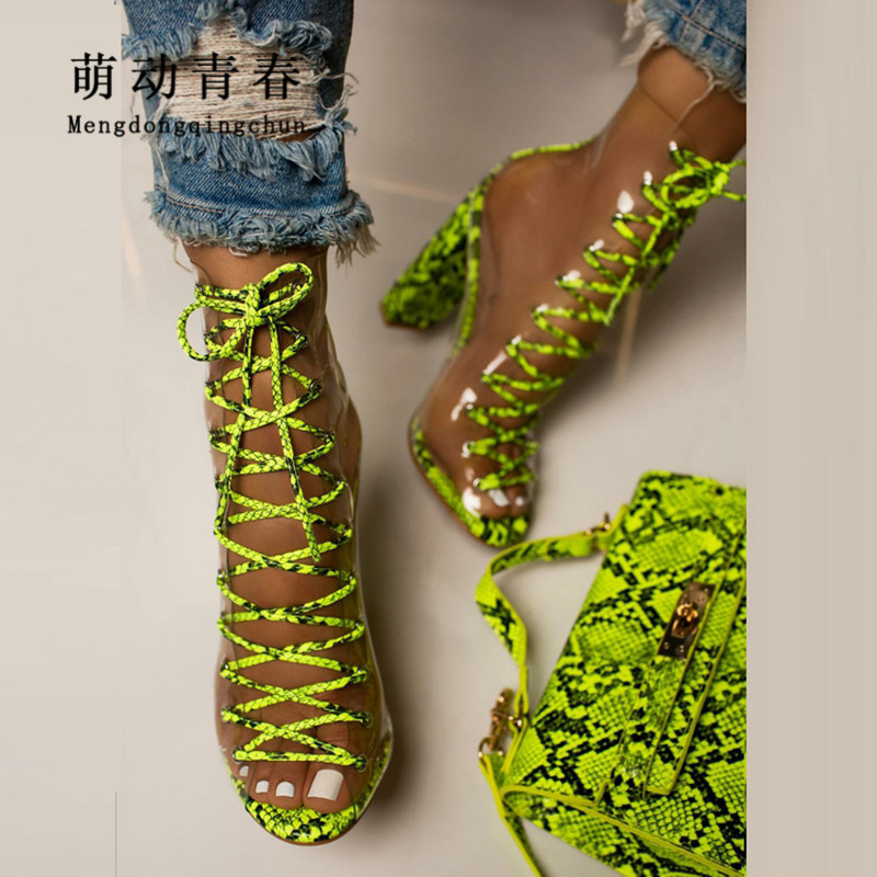 

Clear PVC Women Pumps Sandals Chunky Heels Lace Up Pumps Mujer Ladies Snkake Print Summer Boots Party Women Pumps Green Zapatos