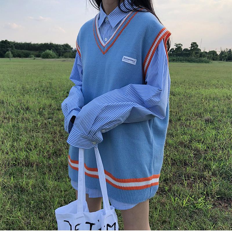 

4 colors 2020 autumn and winter preppy style v neck color pathwork knitted sleevelesvest sweaters womens pullovers womens (X997, Purple shirt