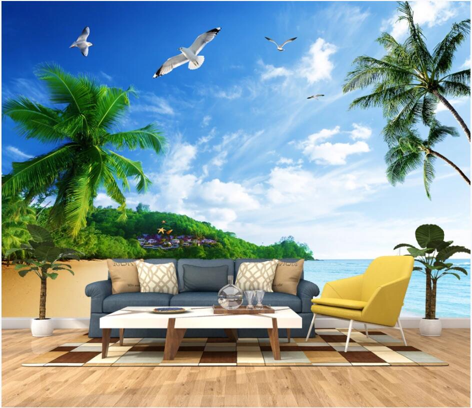 

3d wallpaper custom photo mural Seaside coconut tree seagull beach scenery background home decor 3d wall murals wallpaper for walls 3 d, Non-woven
