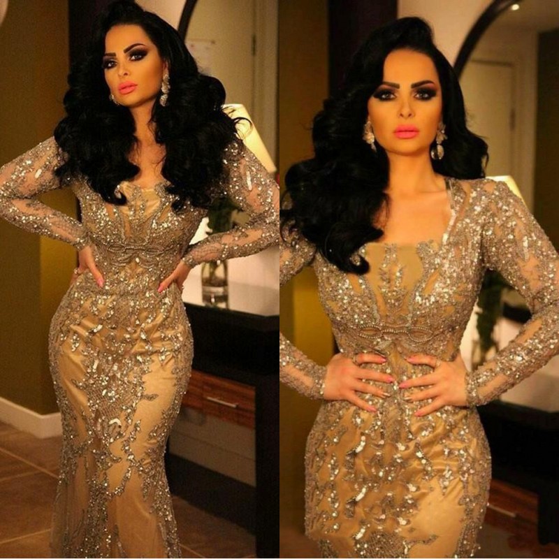 

2020 African Mermaid Arabic Evening Dresses Party Wear Crystal Beaded Lace Applique Scoop Neck Long Sleeve Floor Length Prom Gowns, Light sky blue