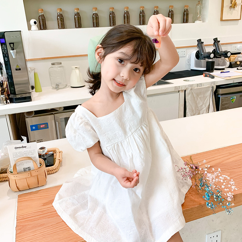 

2020 Summer New Korean Style Girls' Puff Sleeve Dress Children's Square Collar White Dress Jacquard