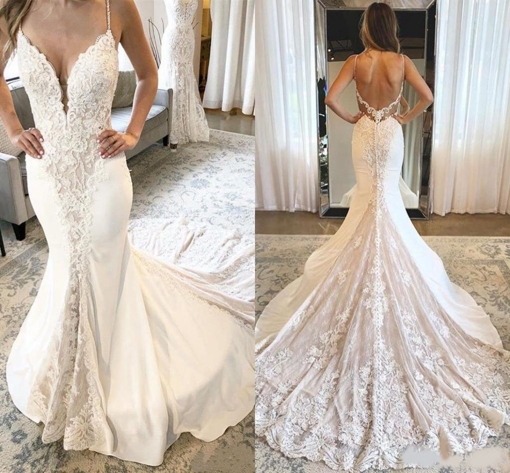 

Sexy Mermaid Wedding Dresses 2020 Spaghetti Straps Open Back Long Boho Country Bridal Gowns Lace Appliqued Vestidos De Novia Custom, Gold