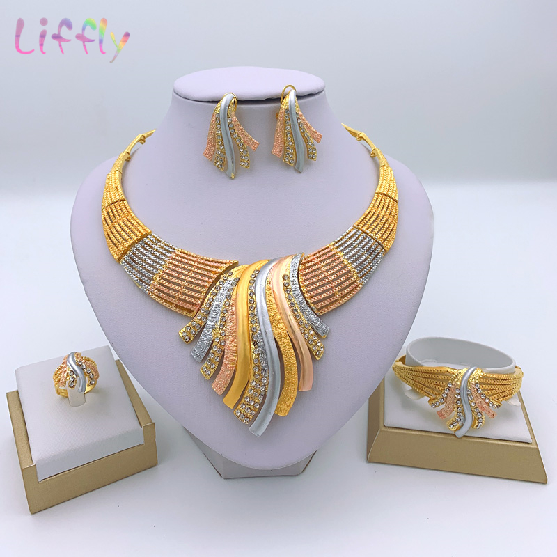 

Liffly New Jewelry Sets Multicolor Bridal Wedding Big Crystal Dubai Gold Jewelry Sets for Women Necklace Earrings, As pic
