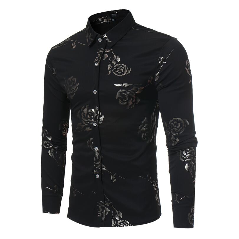 

Wholesale New Fashion Men' Shirt Long Sleeved Solid Color Rose Printed Classic Dress Shirt For Men, White