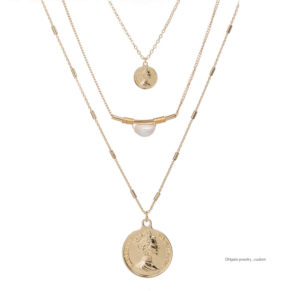 

Ma'am Multi-storey Necklace Britain Empress Elizabeth Coin Bend Tube Pearl Necklace