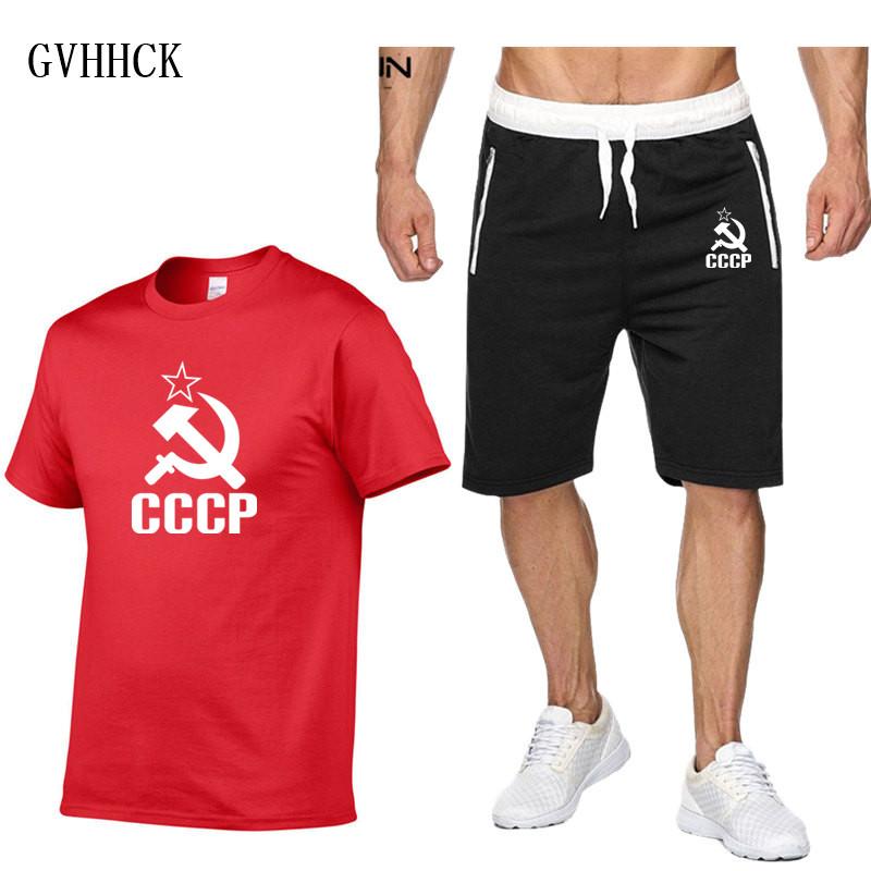 

USSR CCCP Tracksuit Men Summer the Soviet Union Russia Tshirt Men Breathable Casual Beach T-shirt Suit Fashion Suit Men, Gray