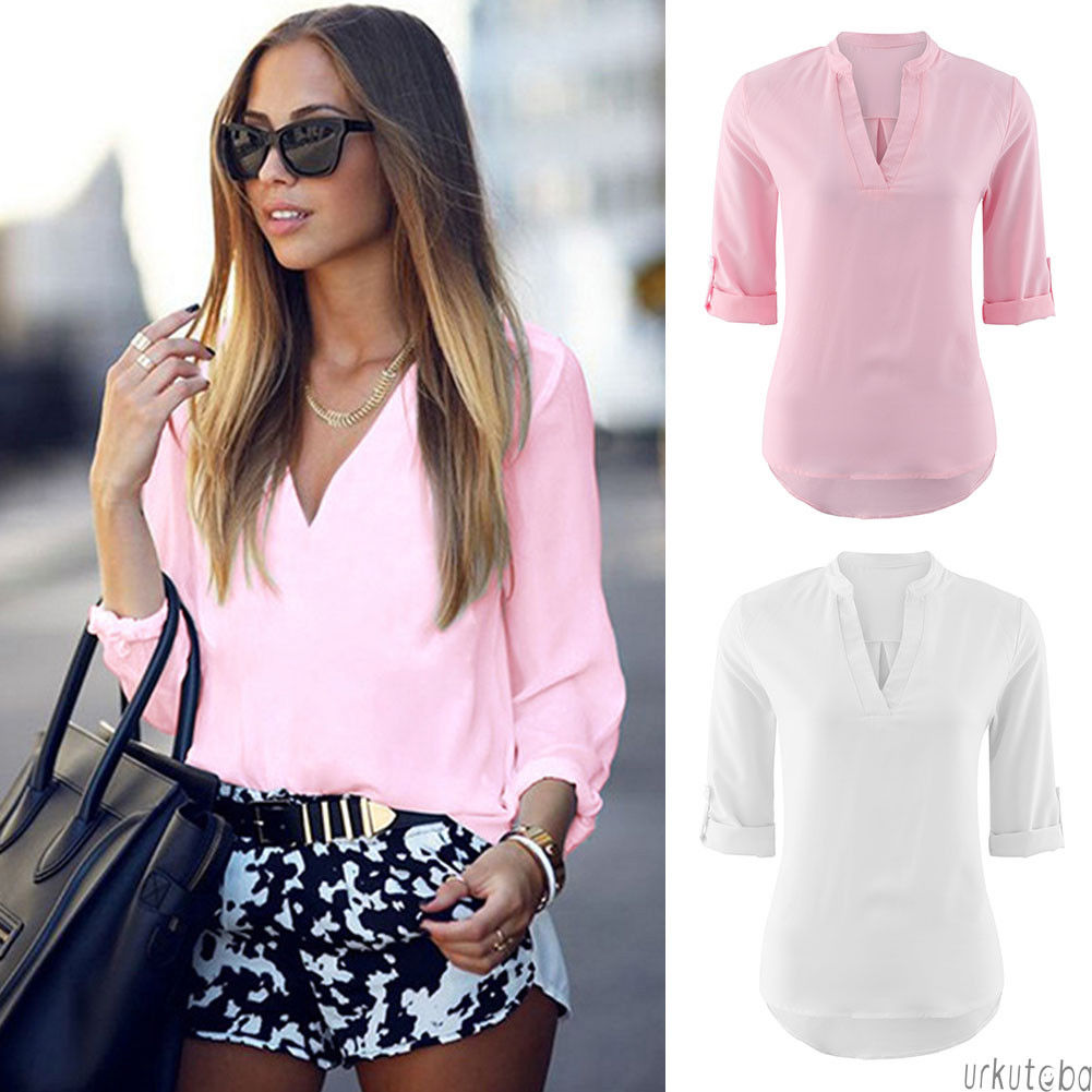 

Fashion Women' Basic V Neck Ladies Long Sleeve Loose Blouse Casual Shirt Summer Tops Pullover, Pink