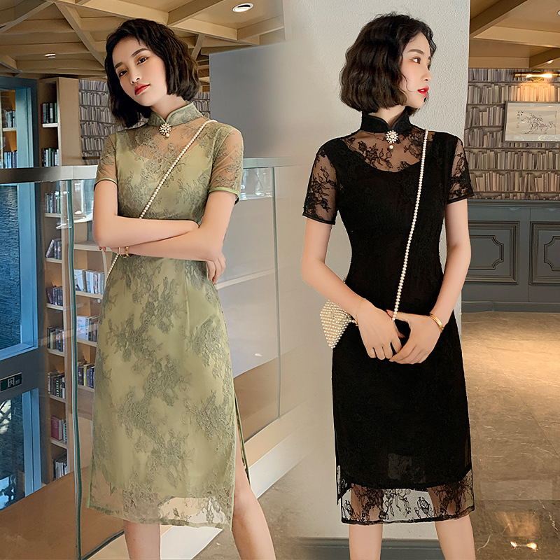 

New Arrival Chinese Style Women Cheongsam Summer Lace Daily Dress Printed Vintage Handmade Button Qipao Plus Size 3XL
