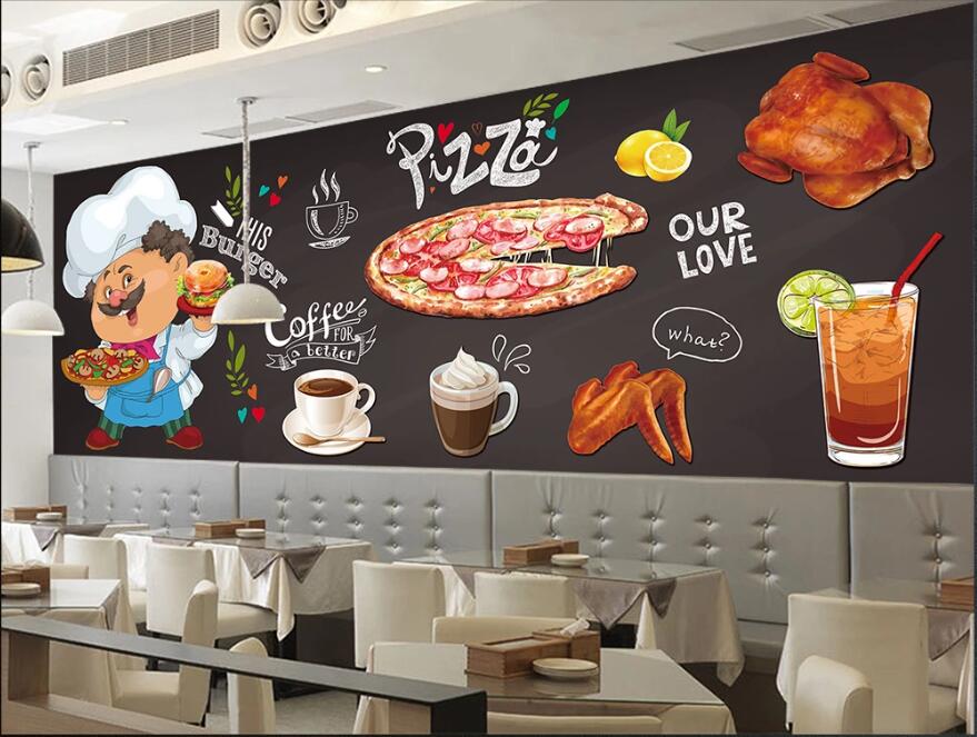 

3d wallpaper custom photo Hand drawn pizzeria burger shop background living room home decor 3d wall murals wallpaper for walls 3 d, Non-woven