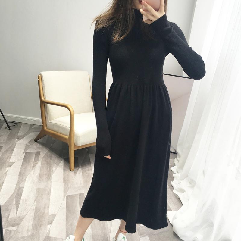 

2020 And Turtleneck Pullovers Knitting Women Long Sweater Dress Vestidos Tricot Pull Femme, Black