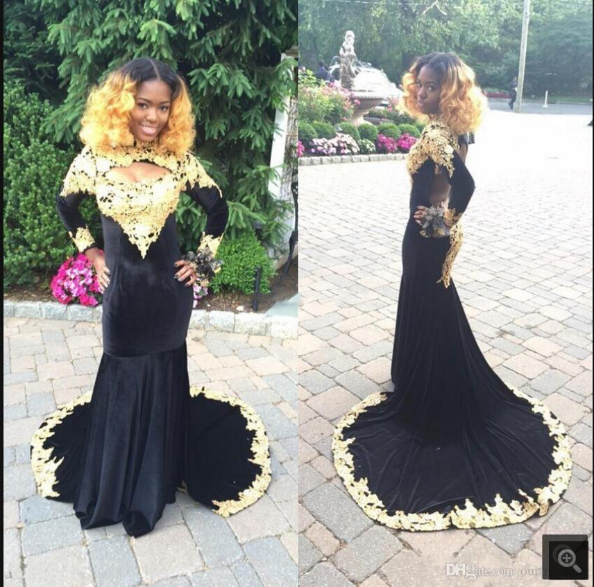 

Sexy backless High Neck Velvet Black gold lace Prom Dresses Mermaid 2019 Court Train Appliques Long Sleeve evening party Prom gowns, Lilac
