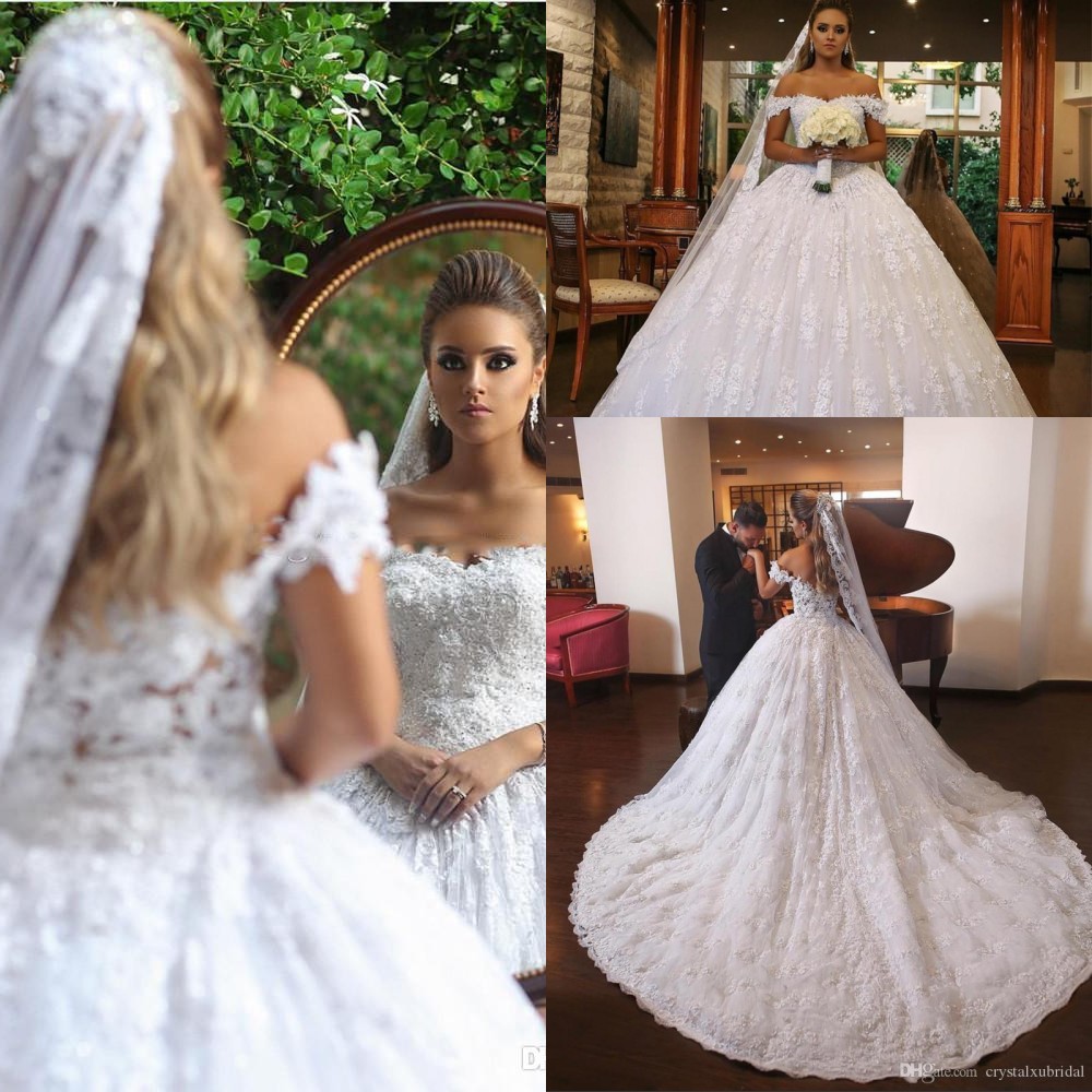 

Sexy Ball Gown Wedding Dresses Dubai Arabic Off Shoulder Illusion Full Lace Applique Crystal Beads Court Train Plus Size Formal Bridal Gowns, Ivory