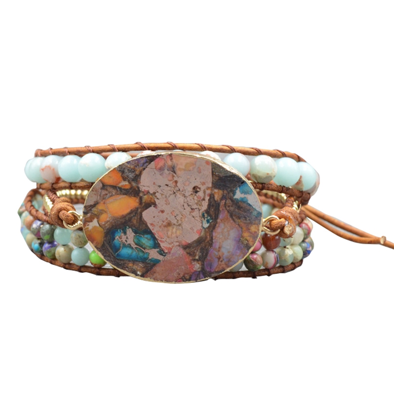 

Exclusive High End 5X Leather Wrap Beaded Bracelet Huge Natural Stone Bracelet, Boho Chic Jewelry, Bohemian Wrap Bracelet Gift