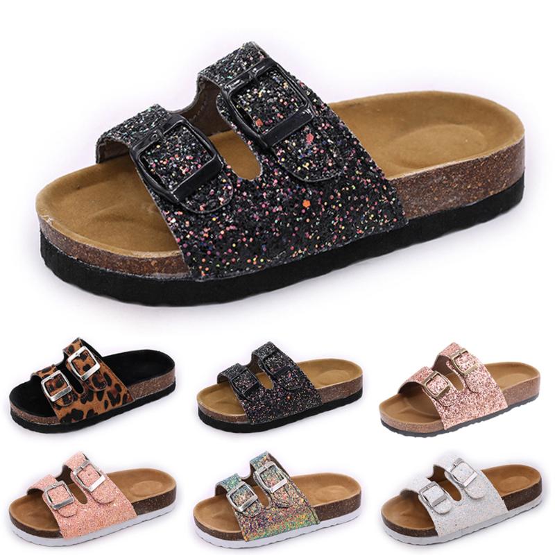 

Baby Boys Girls Beach Shoes Kids Bling Sequins Cork Slippers Casual Soft Buckle Flat Shoes D30, Black