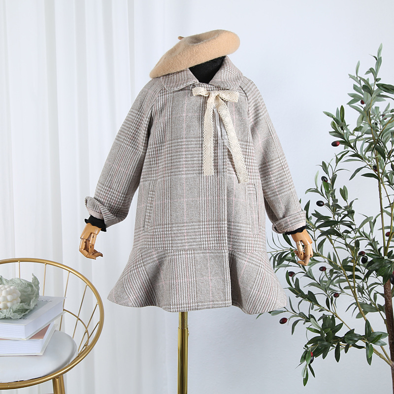 

Children's wear 2020 autumn and winter coat jacket bow plaid coat long girls woolen, Pink