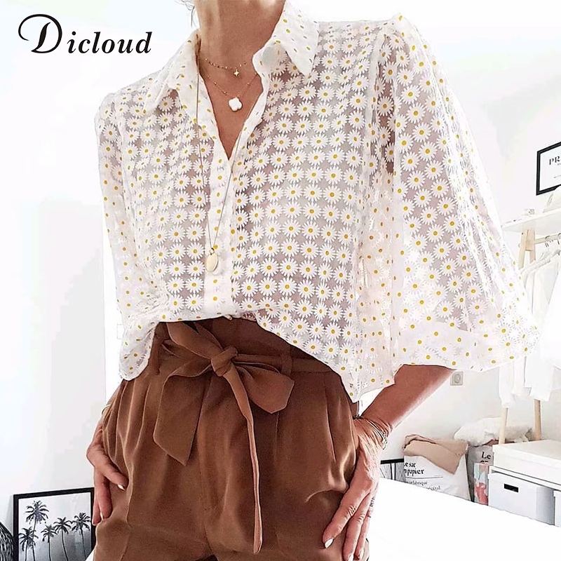 DICLOUD Elegant See Through Daisy Blouse Women Summer Autumn Nine Quarter Sleeve Fashion Ladies Shirt 2019 Sexy Beach Cover Up