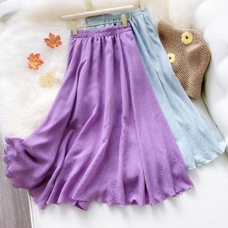 

Cotton Linen Maxi Skirt Women Summer Elastic Waist Vintage Solid Pleated Long Skirts Korean Girls Vintage Boho Beach Skirt, Blue skirt