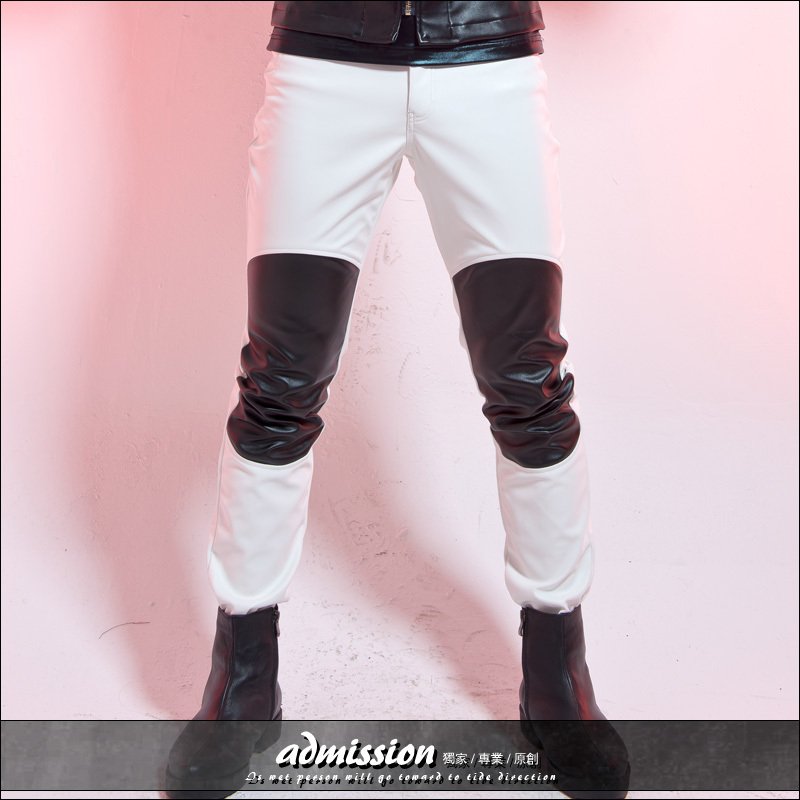 

Nightclub bar performance clothing DJDS motorcycle Slim section Korean fashion trend male black and white stitching straight lea, Ivory