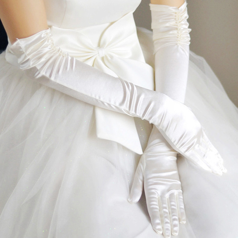 

New Bridal Gloves Long White/Ivory Double Row Bead Gloves Wedding Party Banquet Glove