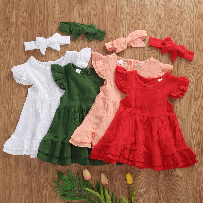 

Toddler Girl Short Sleeve Dress Solid Color Ruffle Fold Decoration Simple Elegant Child Clothing 100% Cotton Princess Dress, White