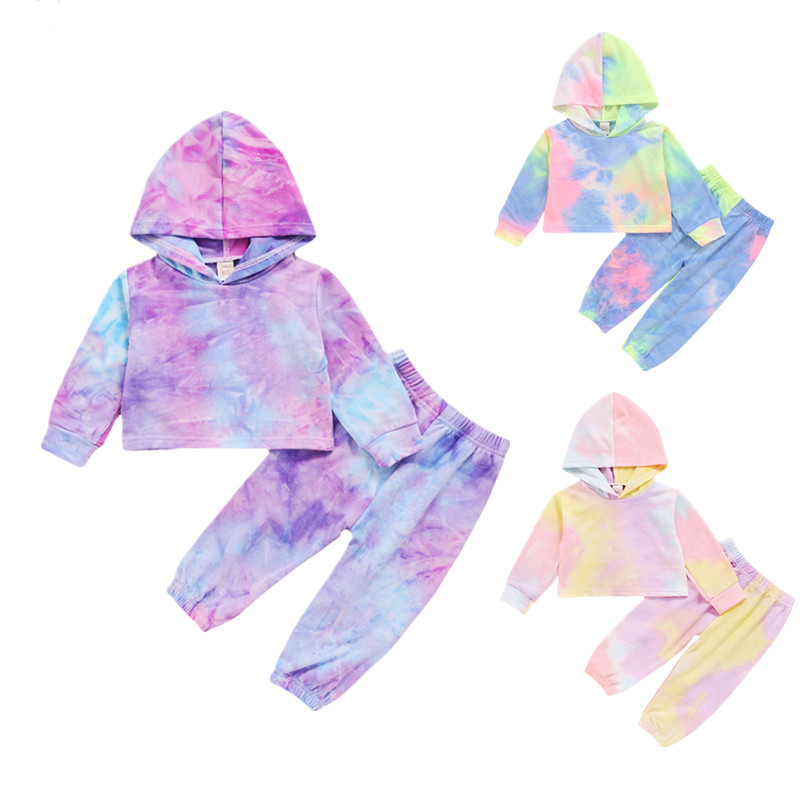 

2020 Kids Baby Girl Fall Clothes Long Sleeve Hooded Sweatshirt 1-6Y Tie-dye printing Top+Long Pants 3 Colors Cotton Outwear 2pcs, Blue