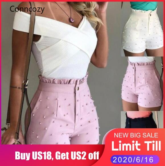 

Beading Ruffle High Waist Shorts Women Summer Fashion Sexy Casual Pink Black White Shorts Ladies Feminino 2020 Office Trousers