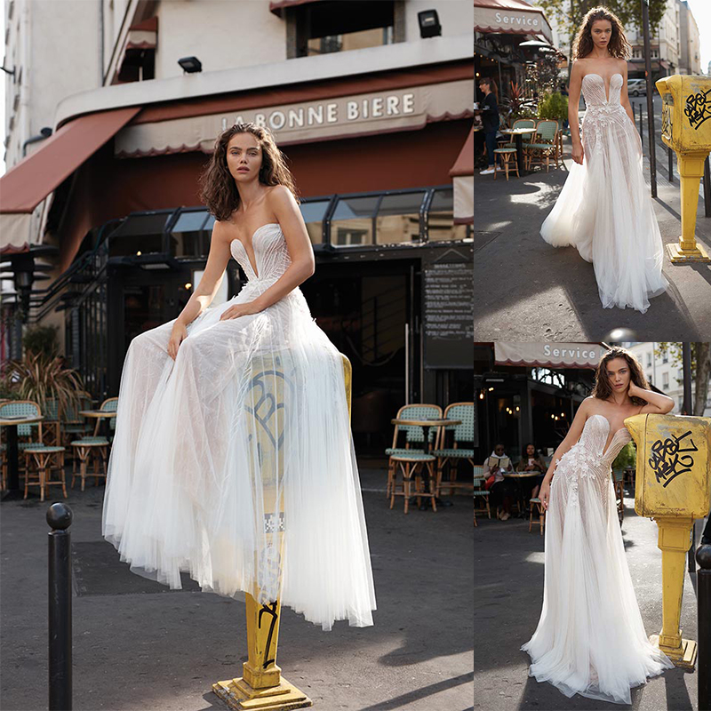 

Liz Martinez A Line Wedding Dress Strapless Applique Beading Wedding Dresses Sweep Train Bohemian Bridal Gowns, Lavender