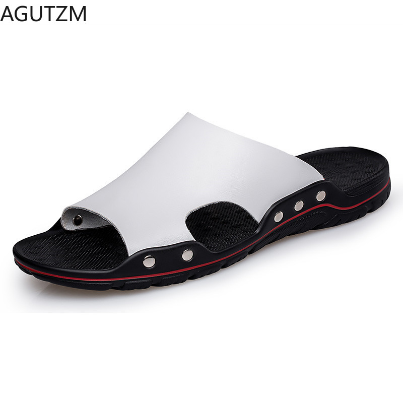 

2020Men Slippers Summer Flat 2020 Summer Man Shoes Breathable Beach Slippers Split Leather Flip Flops Mens Size 38-48, White