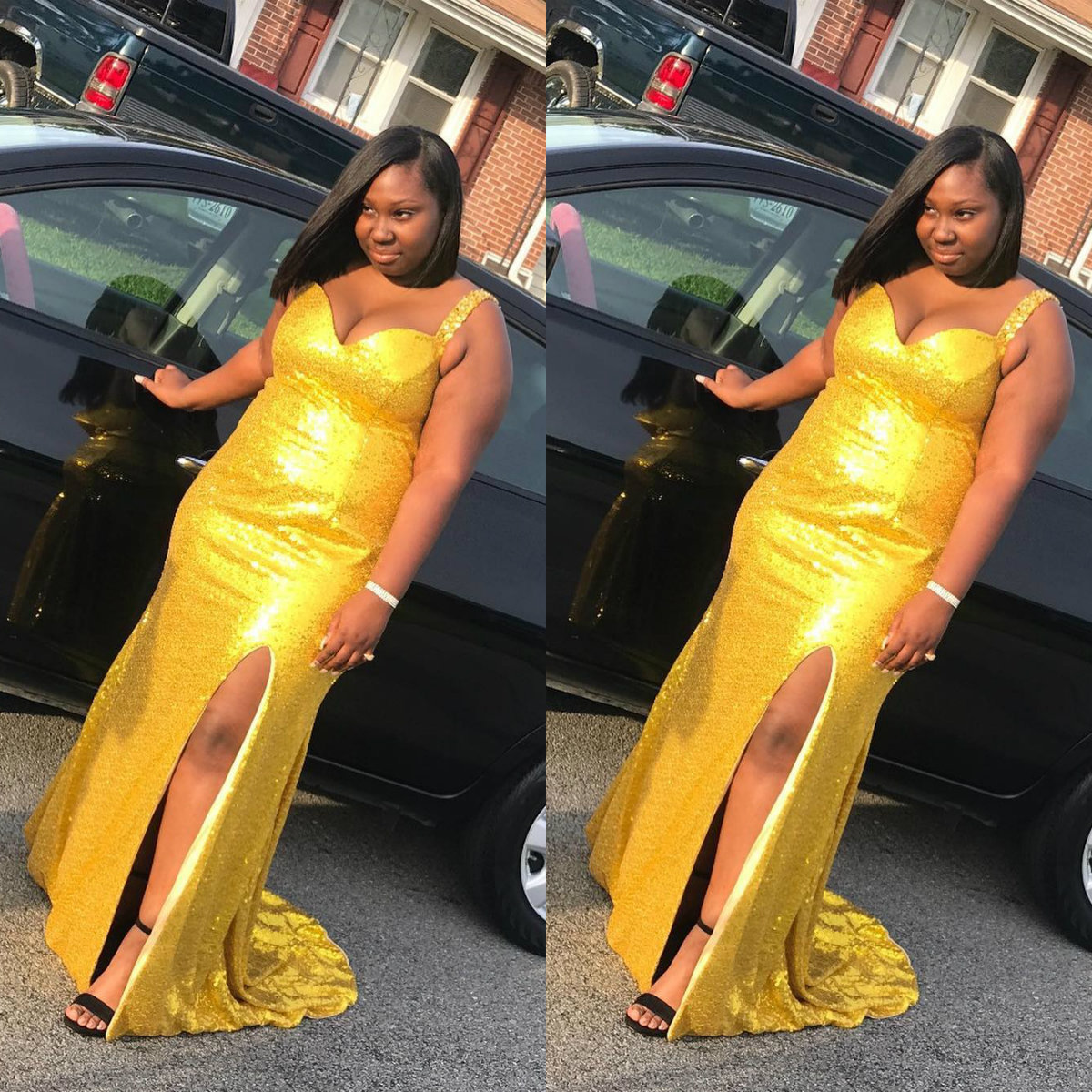 

2019 Bling Bling Yellow Mermaid Prom Dresses Sequins Side Split Sweep Train Evening Dress Custom Made Formal Party Gowns Plus Size Wear, Dark green