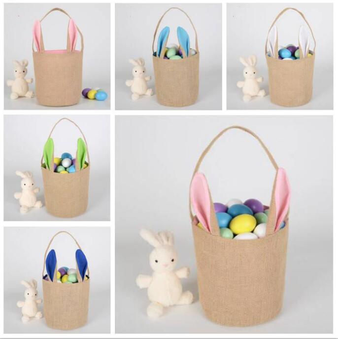 

Easter Bunny Basket Jute Rabbit Ear Bucket Easter DIY Eggs Bag Tote Creative Candy Gift Handbag Cartoon Cute Round Festival Canvas Pail D9, Mixed colors;random delivery