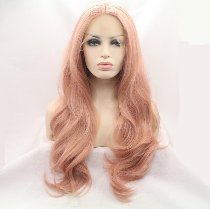 

Best selling and most fashionable ladies pink big wave long wigs front lace chemical fiber high temperature silk hoods rose lace inner net
