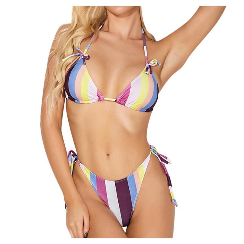 

Swimsuit Ladies Bikini Stripe Print Split Women Swimsuit Sexy Bikinis Swimwear High Waist Popular Two Pieces Biquini 2020