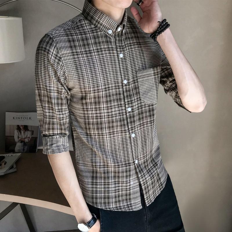 

2020 spring New plaid shirt men's long-sleeved Slim Korean business casual trend British handsome 5xl Hot Free shipping Red, Brown