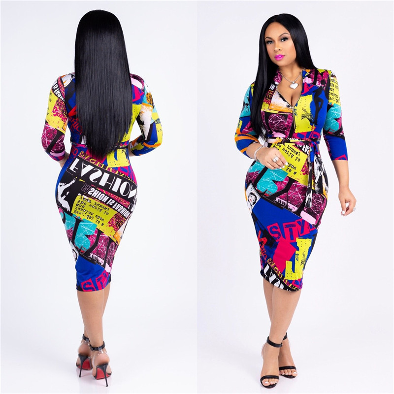 women print bodycon dress bandage belt slim fit zipper up party sexy midi dress plus size-image-413648185