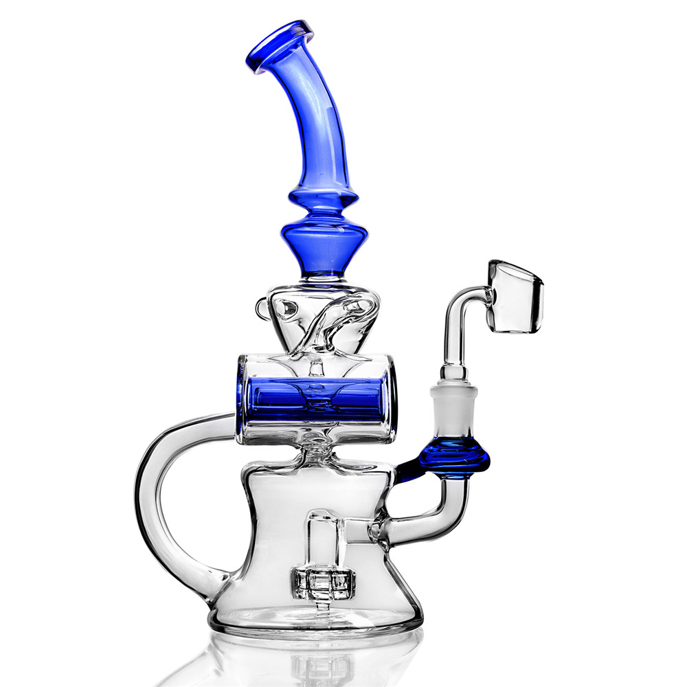 New Blue Recycler Glass Water Bongs Dab Rigs Percolater Dab Rig with Banger Glass Bong Water Pipe Recycler Bong-image-456367771