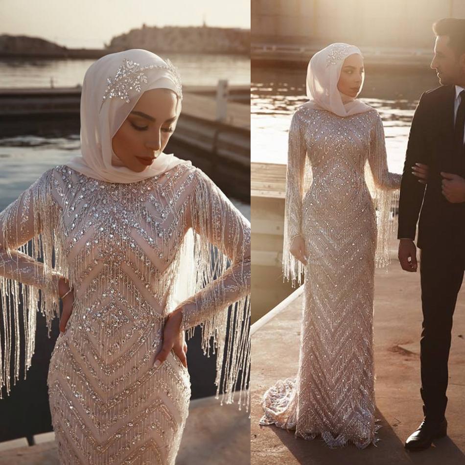 

Luxury Muslim Mermaid Prom Dresses Long Sleeves Crystal Tassels Beading Sweep Train Formal Evening Gowns robes de soirée, Silver